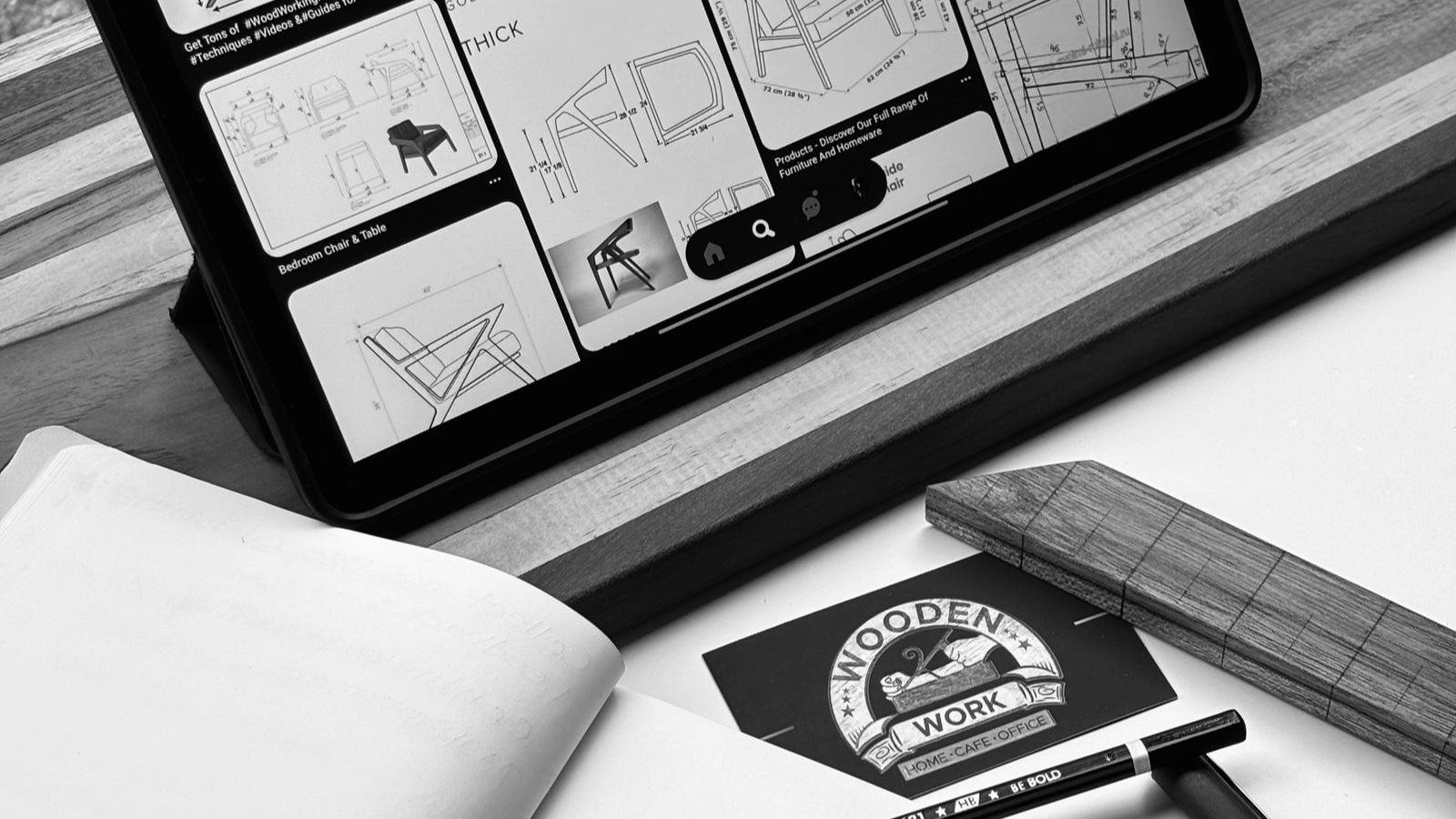 Tablet ekranında ve kâğıtta web arayüzü yerleşim taslakları