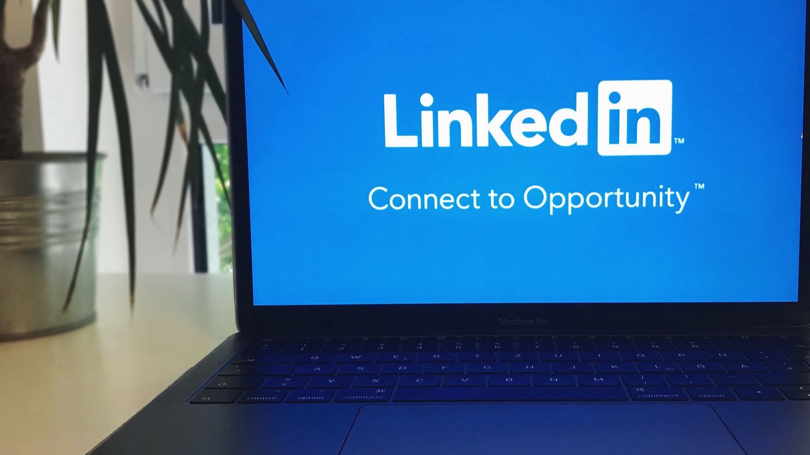 The LinkedIn logo displayed on a laptop screen