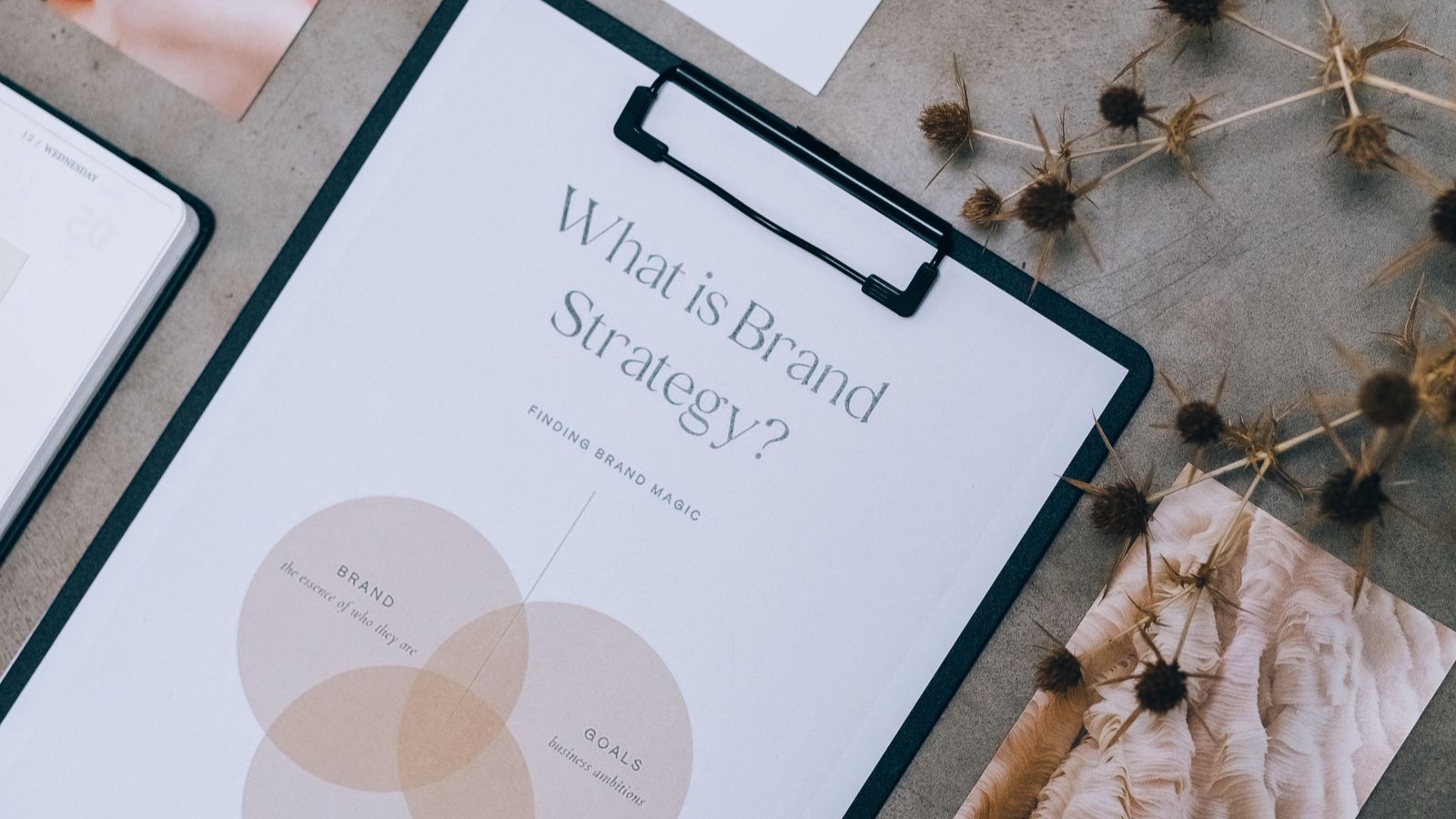 A folder with brand documentation and visual samples on a table