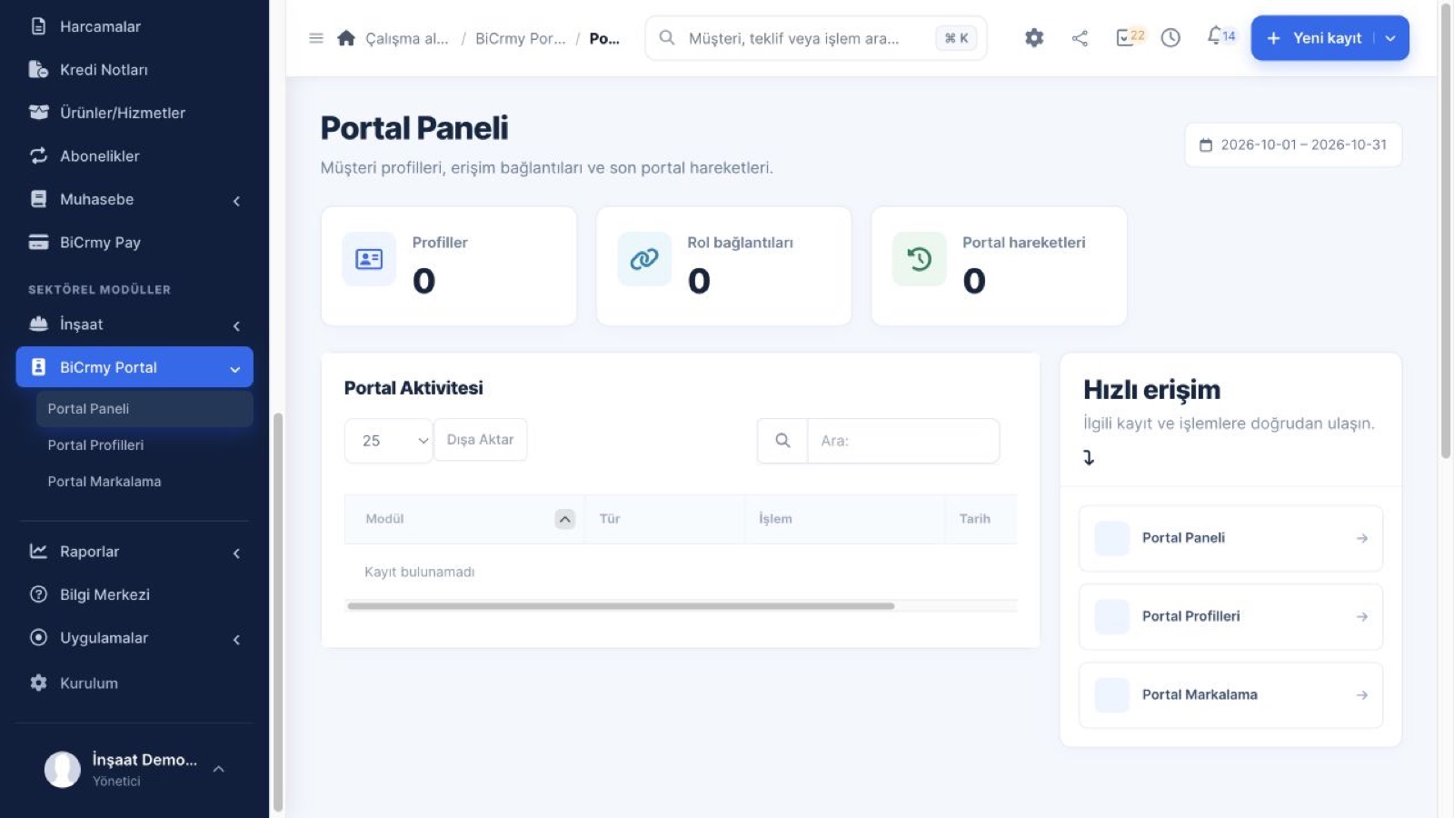 MVP Development: Decide What to Leave Out of the First Release The portal dashboard in the BiCrmy demo application; all records are fictional