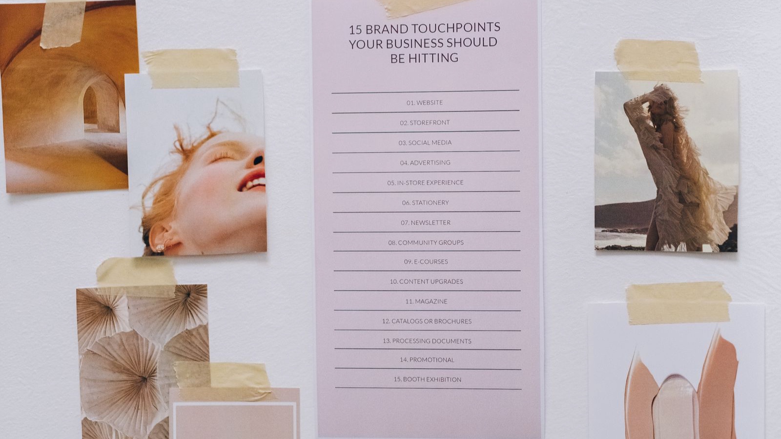 Visual references, colour samples and explanatory text arranged on a wall