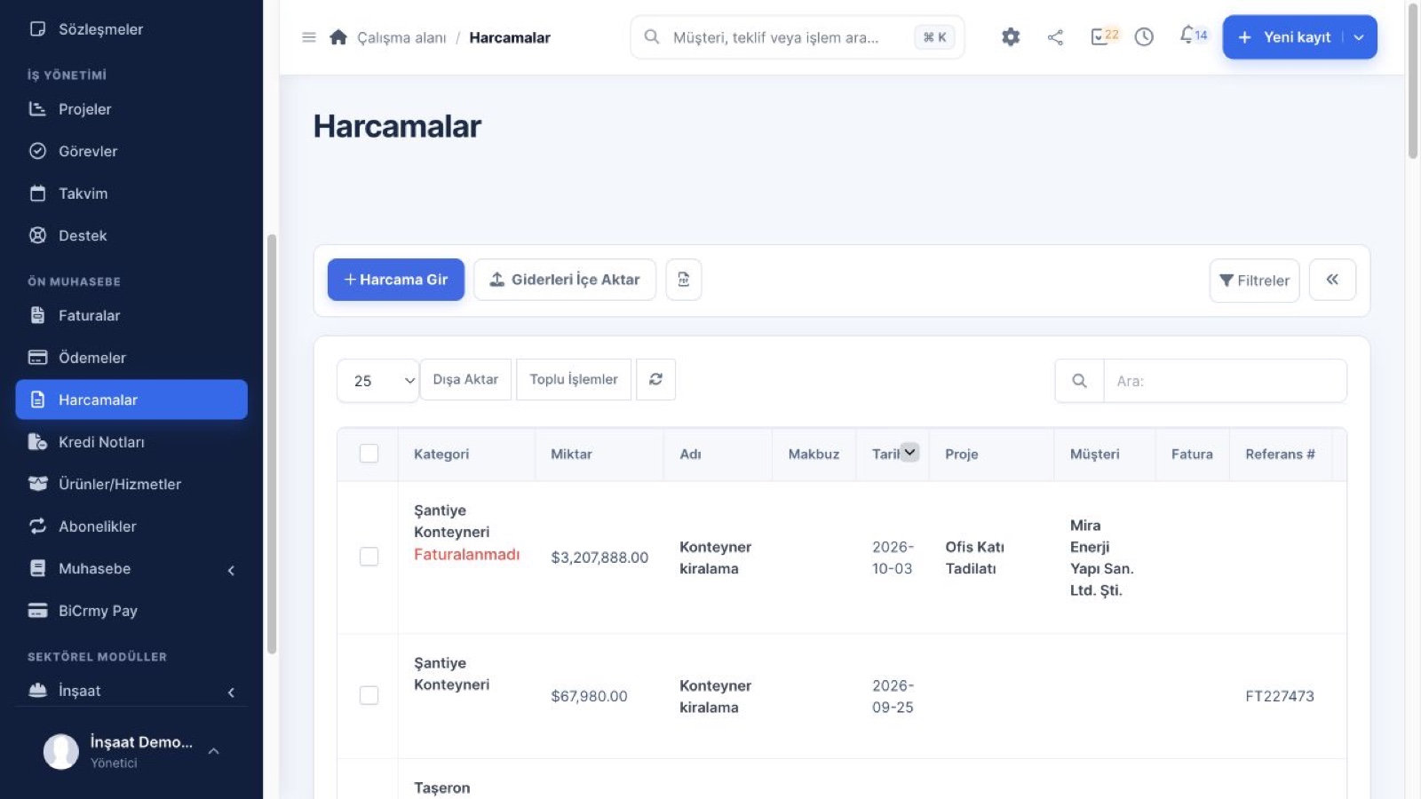 Actual BiCrmy demo expense records; all records are fictional