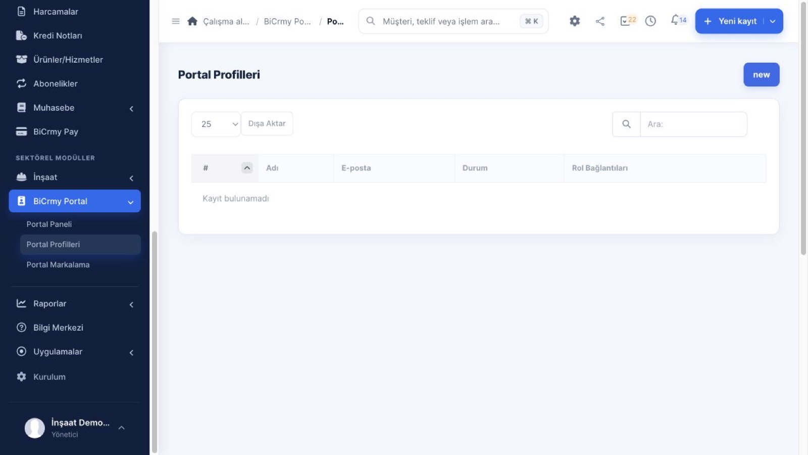The portal profiles in the BiCrmy demo application; all records are fictional