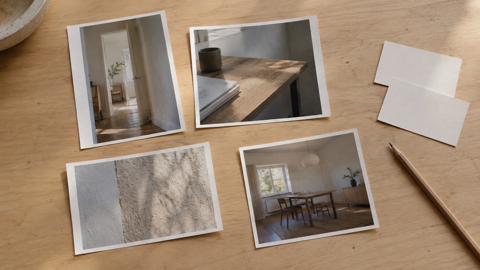 Proje anlatımını planlamak için sıralanmış temsili iç mekân fotoğraf baskıları ve boş not kartları