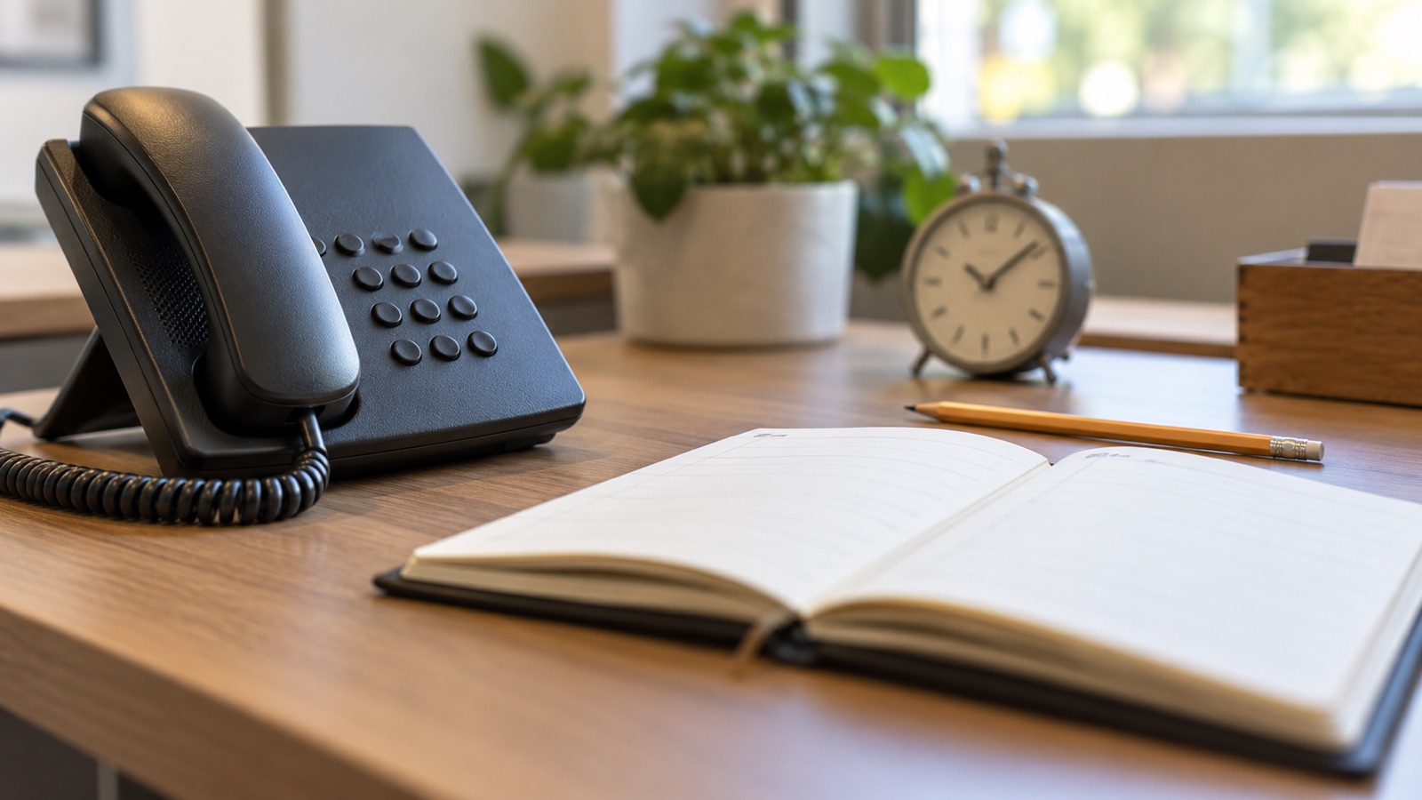 Telefon üzerinden randevu planlamasını temsil eden masa telefonu, açık planlayıcı ve kalem
