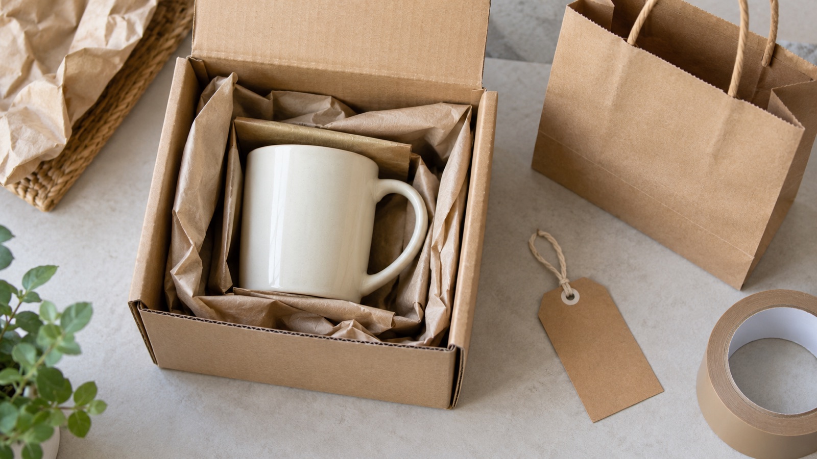 Mağazadan teslim hazırlığını temsil eden koruyucu kâğıtla paketlenmiş kupa, boş etiket ve alışveriş poşeti